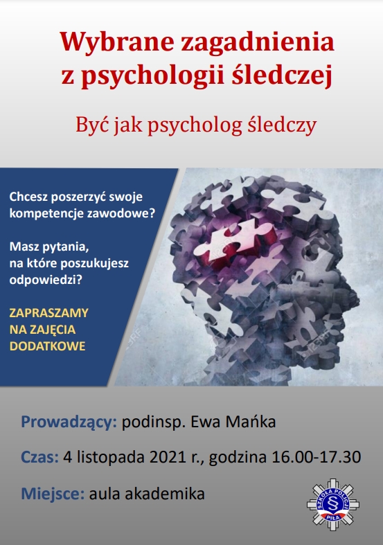 Plakat pod tytułem „Wybrane zagadnienia z psychologii śledczej”.