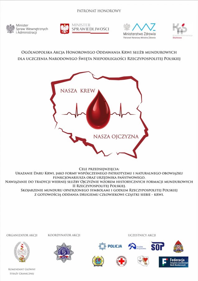 Plakat promujący akcję krwiodawstwa. W głównej części plakatu kontur Polski wraz z kroplą krwi i linią oznaczającą bicie serca. Napis „Nasza Krew Nasza Ojczyzna”